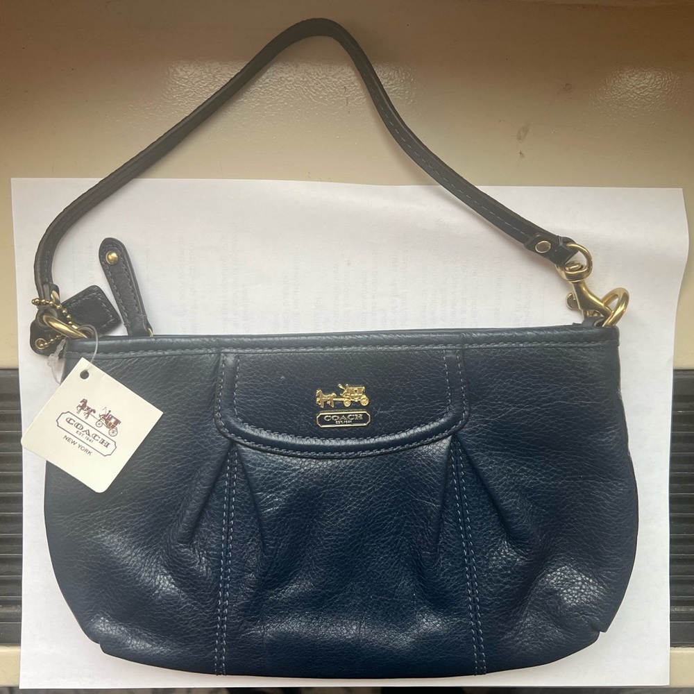 Coach navy leather large wristlet NWT